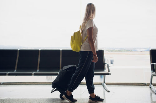 A female passenger carrying a backpack and a wheeled bag.